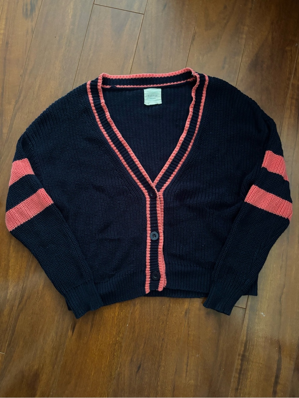 Navy and Coral Striped V-Neck Cardigan Sweater